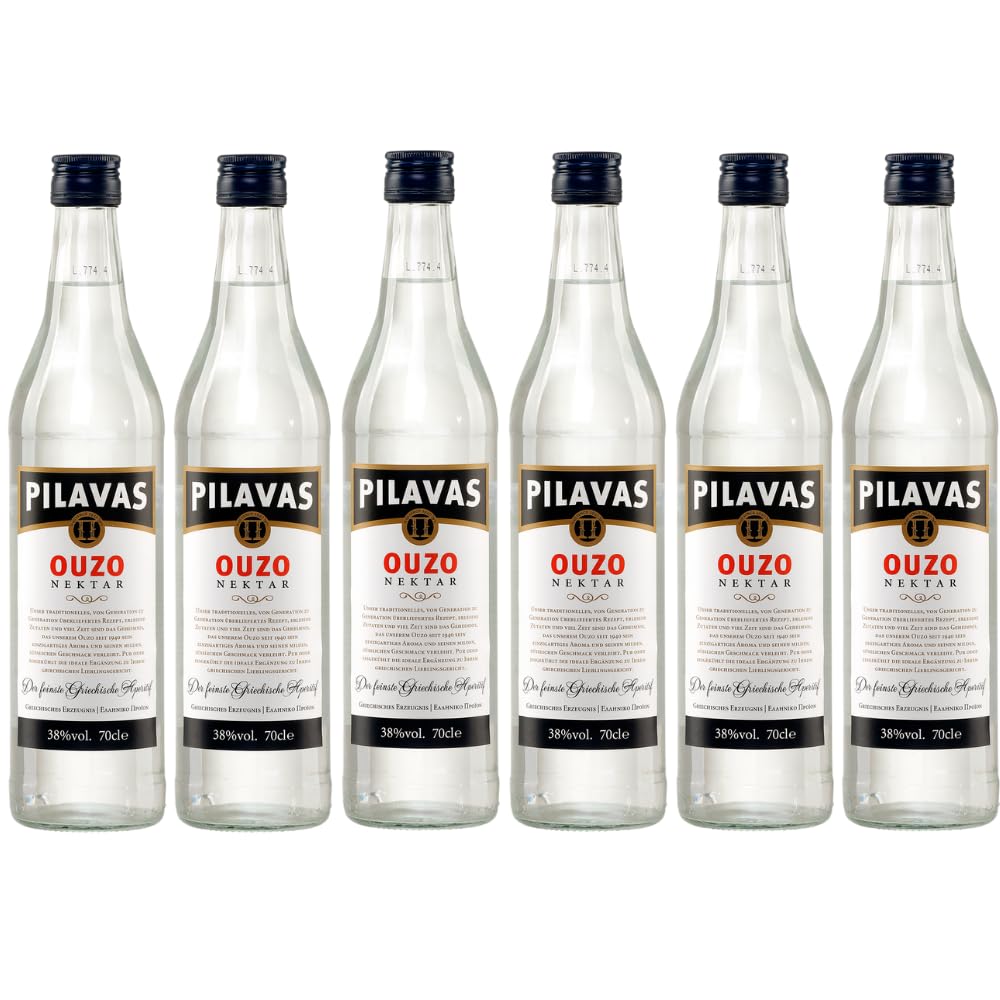 Ouzo Pilavas Nektar 6x 0,7l 38% Vol. | Sehr milder Ouzo aus Patras | + 20ml Jassas Olivenöl