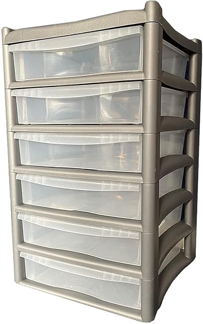 HMN Storage Drawers | Plastic File Cabinets | Organisers For Office , Home, Living Rooms ETC | See-Through Tower Storage Unit (Grey, 6 Tier)