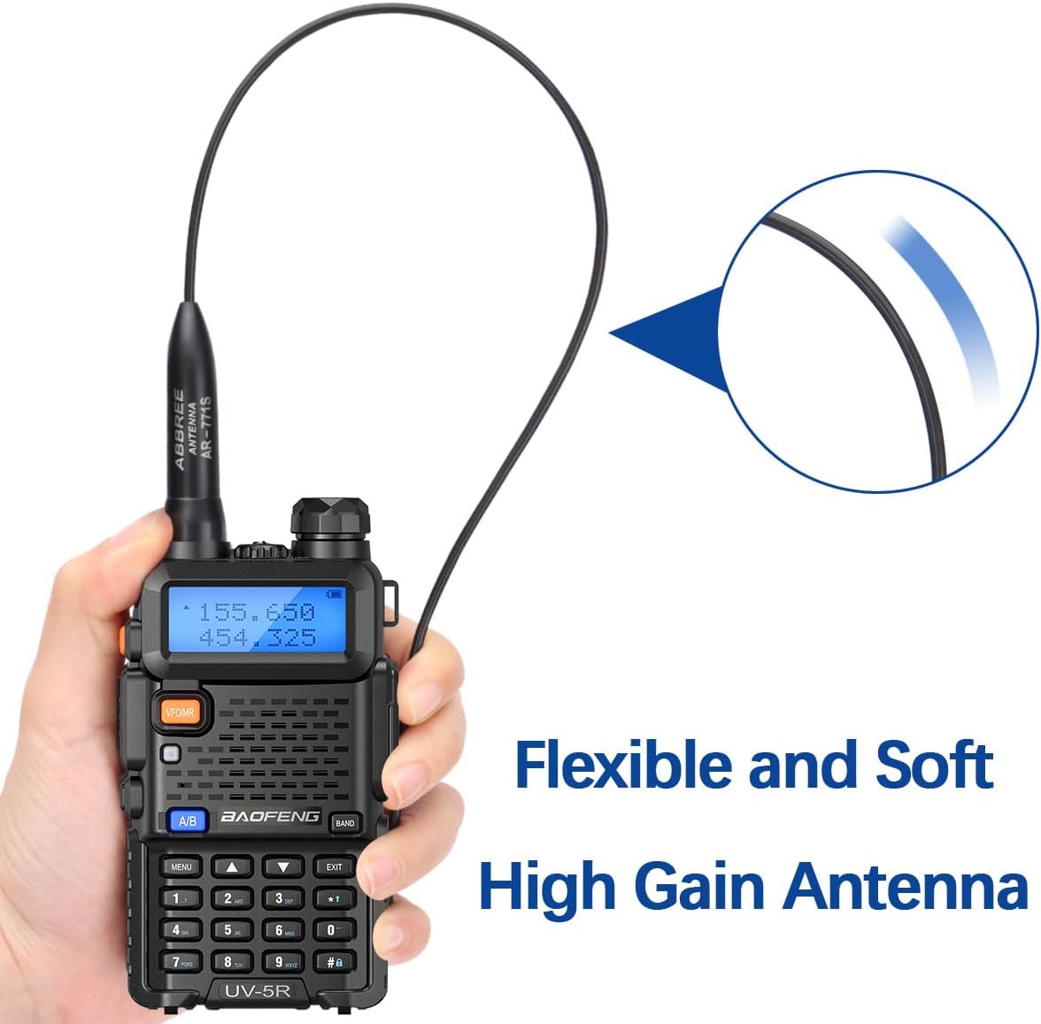 Hand holding a radio with the flexible ABBREE AR-771S antenna