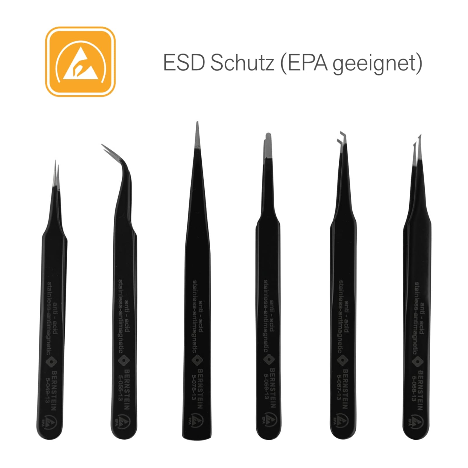 BERNSTEIN ESD Pinzetten Set 6 tlg. | Präzisionspinzette spitz gebogen, entgitterwerkzeug plotter, löt zubehör, bastelpinzette, pinzette modellbau