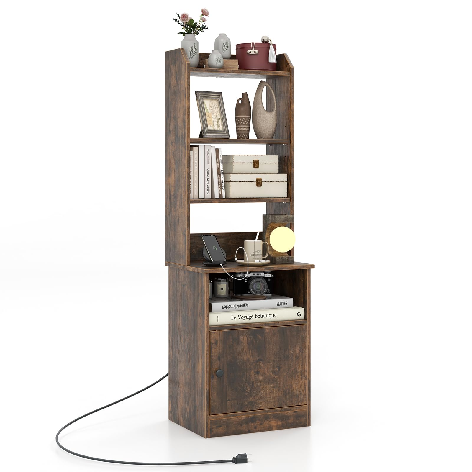 Giantex Tall Nightstand with Charging Station - 56" Tall Bedside Table with 6-Level Adjustable Bookshelf, Industrial End Side Table with Storage