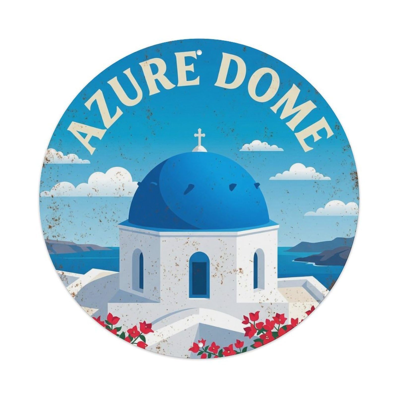Vintage Travel Dome Santorini Azure Metal Tin Sign