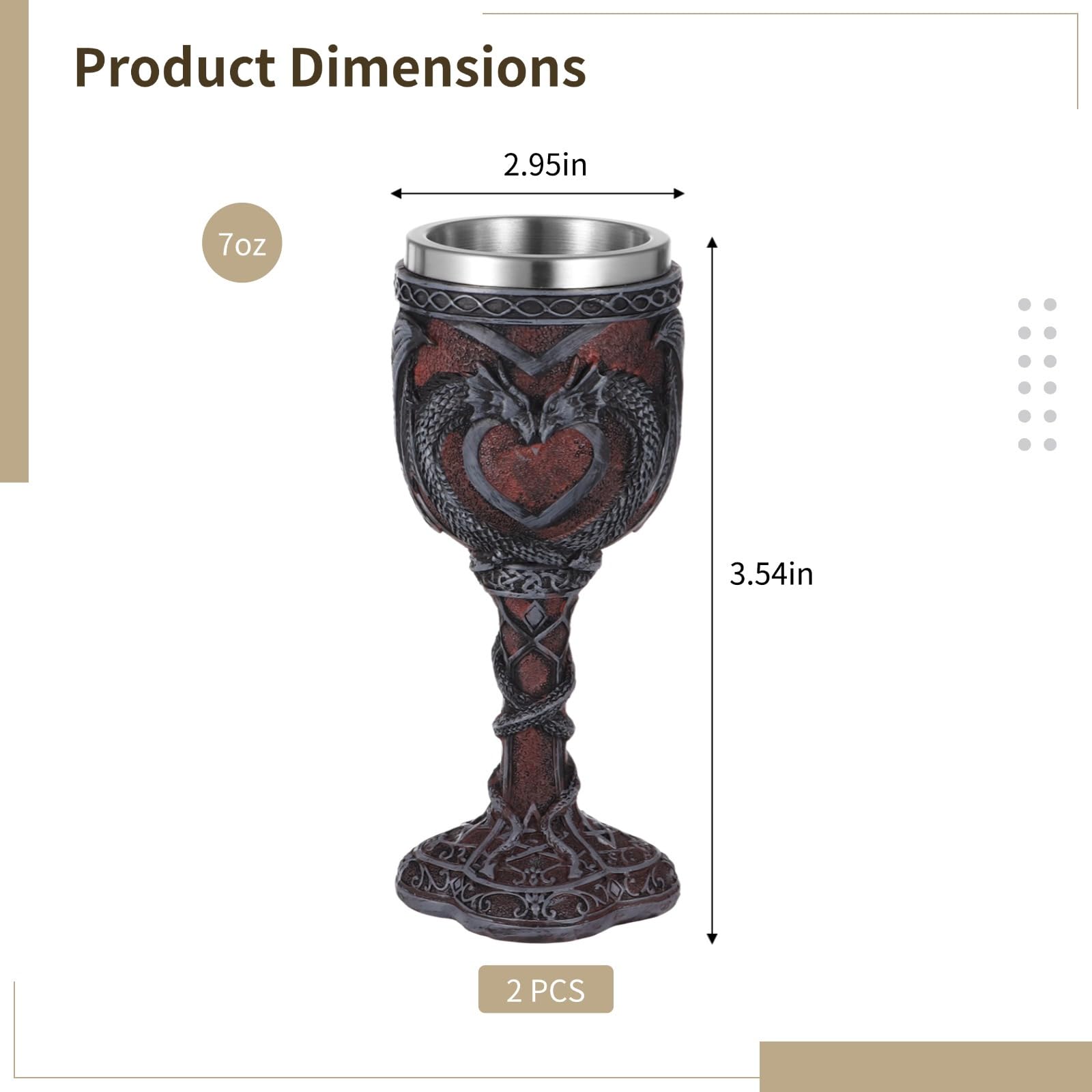 2 bicchieri da vino medievali, design a doppio drago, 200 ml, in acciaio inox, per vino, birra, whisky e regali