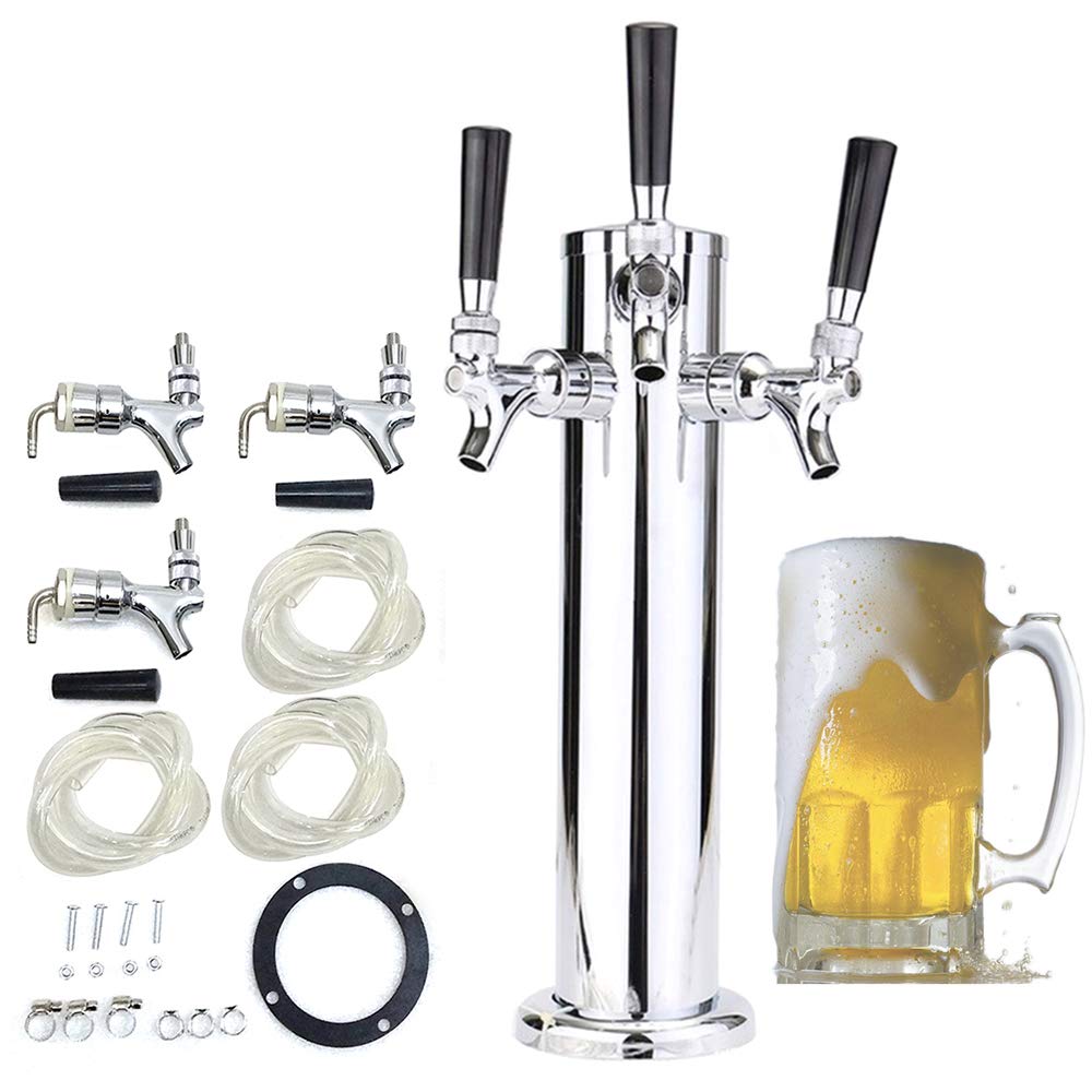 XNXYSMKJ Draft Beer Tower Kit, Stainless Steel Kegerator with 3 Flanges, 36cm Height, Perfect for Home Bars, Picnics, and Parties,Three Taps Enable Quick Pouring