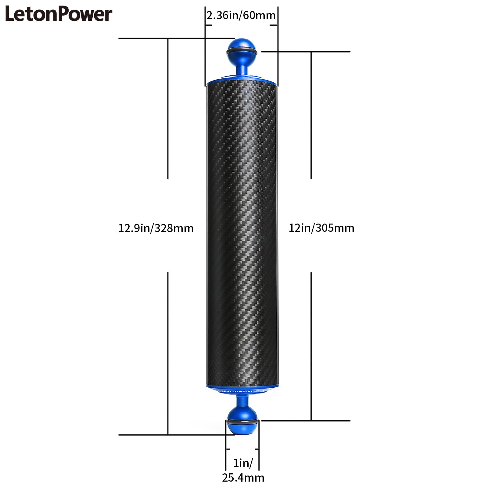 Bras Flottant sous-Marin 12" Fibre de Carbone Double Bras Flottant à Bille 1" Système d'Éclairage Plongée Lumière Vidéo Stroboscope 2 Pack