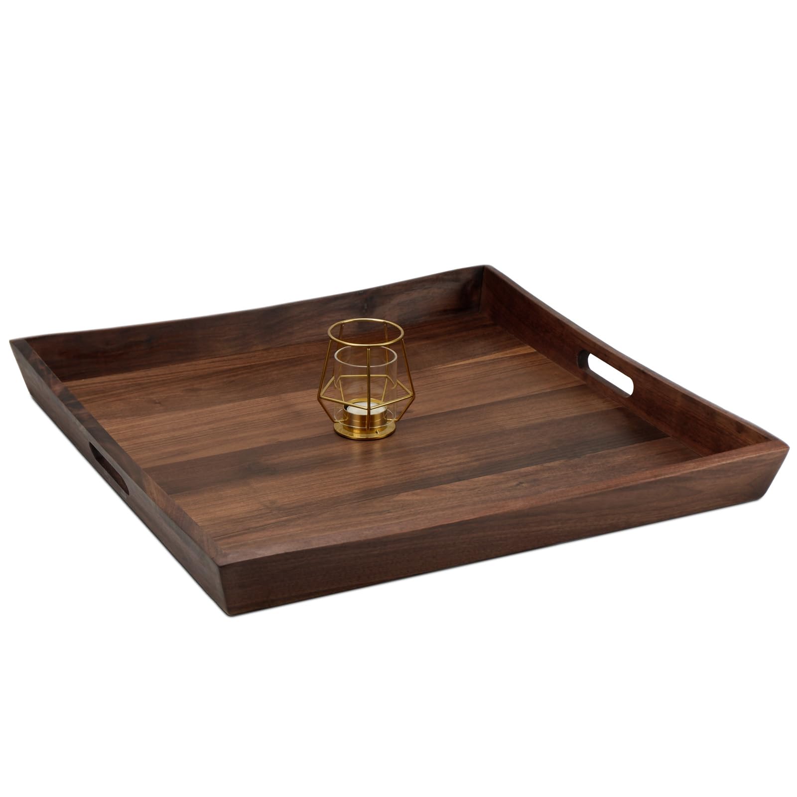 MAGIGO 22 x 22 Inches Large Square Curved Black Walnut Wood Ottoman Tray with Handles, Serve Tea, Coffee Classic Wooden Decorative Serving Tray