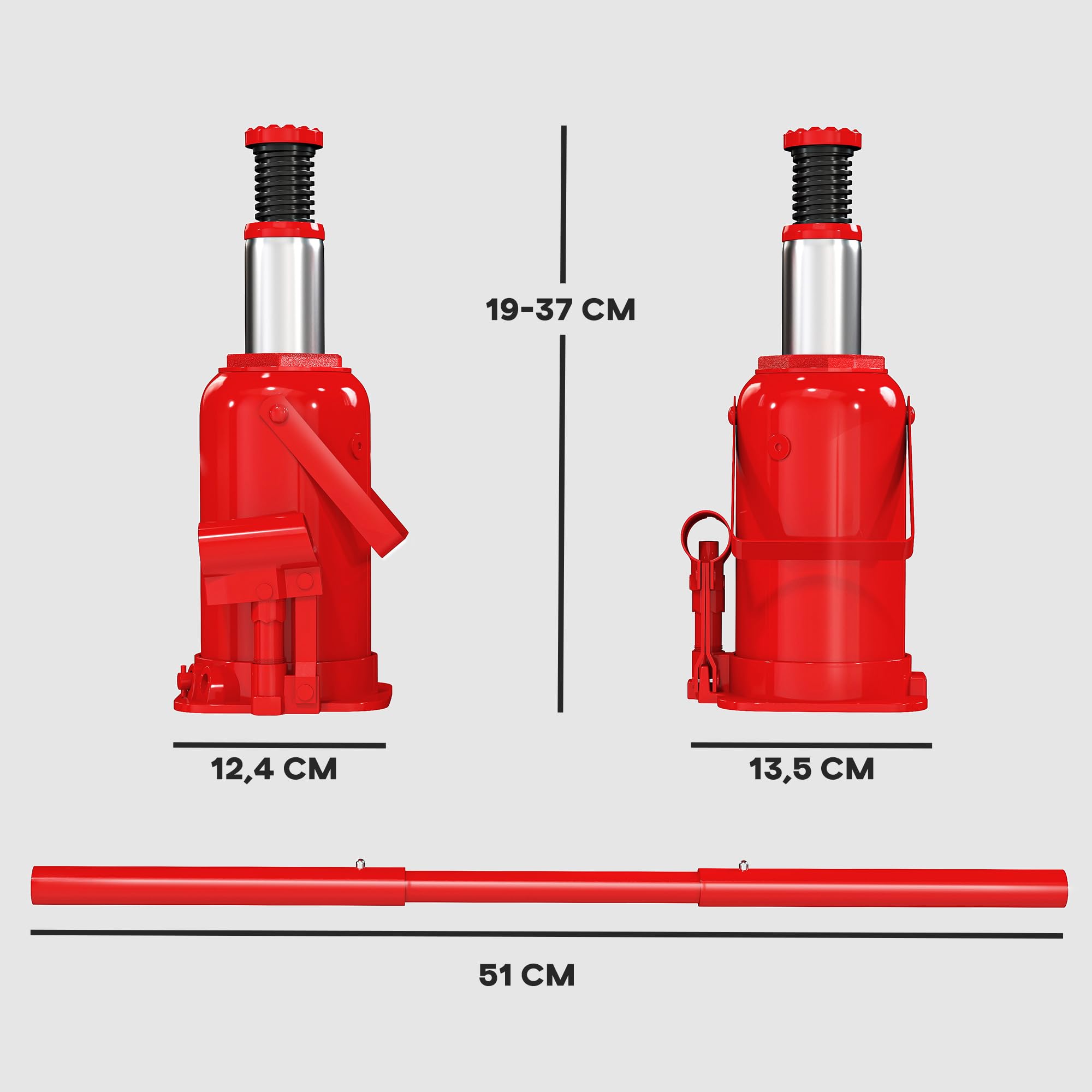 HOMCOM Cric Bouteille hydraulique 12 T, cric hydraulique à Bouteille Gamme de Levage 190-370mm avec Longue poignée et Selle, pour Pick-up, Camion, Camping-Car, réparation Automobile, Rouge