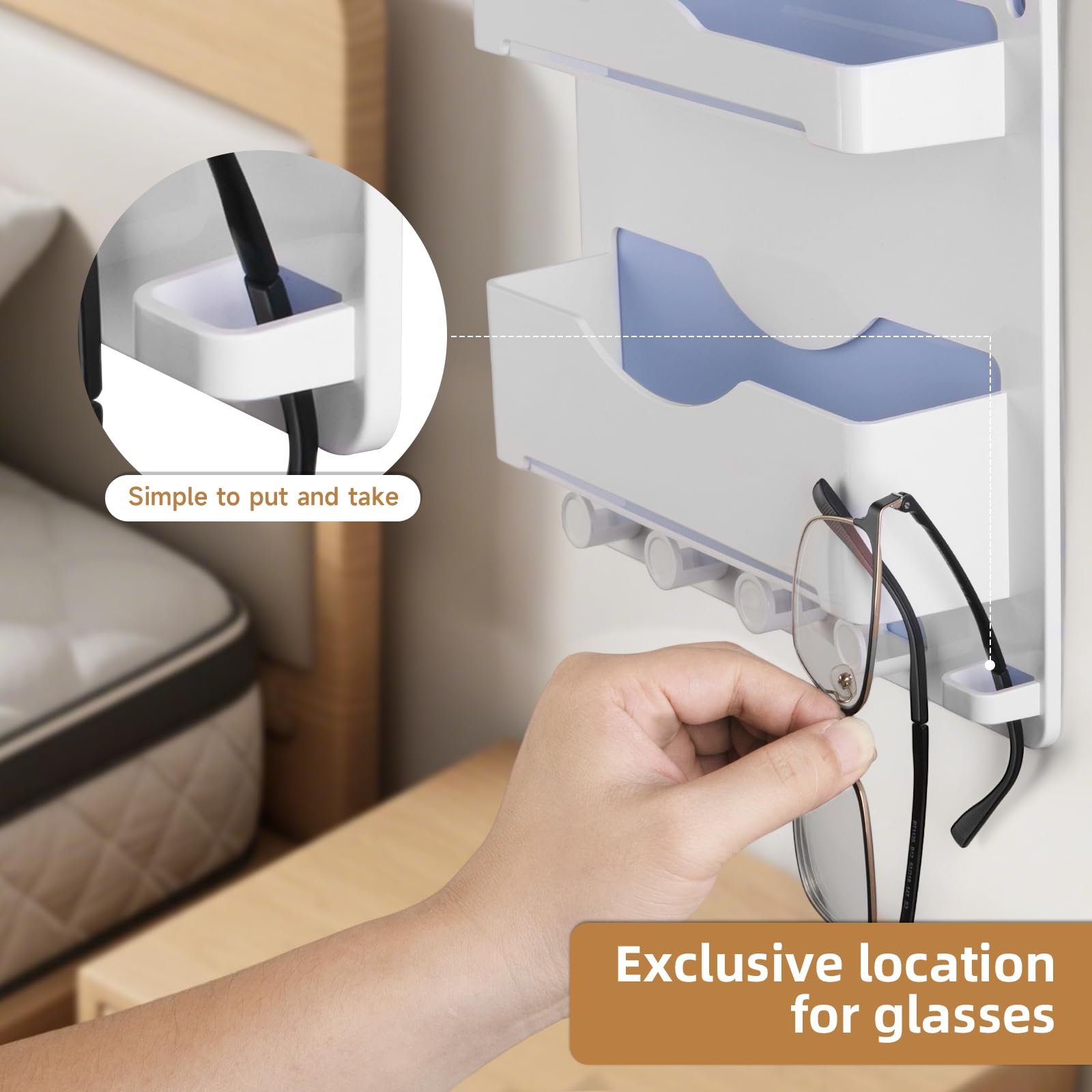 JUMEIHUI Bedside Wall Shelf with Glasses Hooks ?Adhesive Bedside Organizer Wall Mount for Dorm and Room Accessories Phone?Remote?Earphone? Kindle (White)