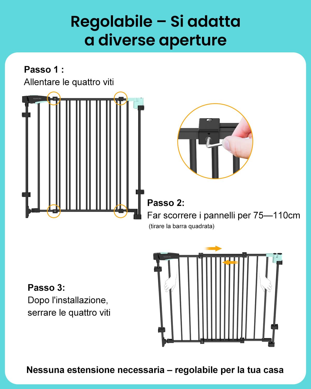YEAUPE PRO Griglia di protezione per scale senza foratura, per bambini, 75 – 110 cm, telescopica, griglia di protezione per scale e porte, griglia di protezione per porte e cani, apertura manuale a 1