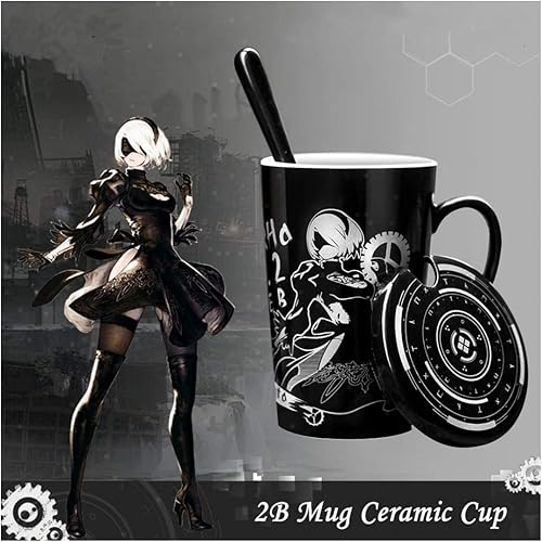 Miniatura 2 de damdos Tazas de café para autómatas Cosplay 2B, tazas de café de cerámica con tapa, bebida diaria, té, leche, vaso de café (12 onzas)