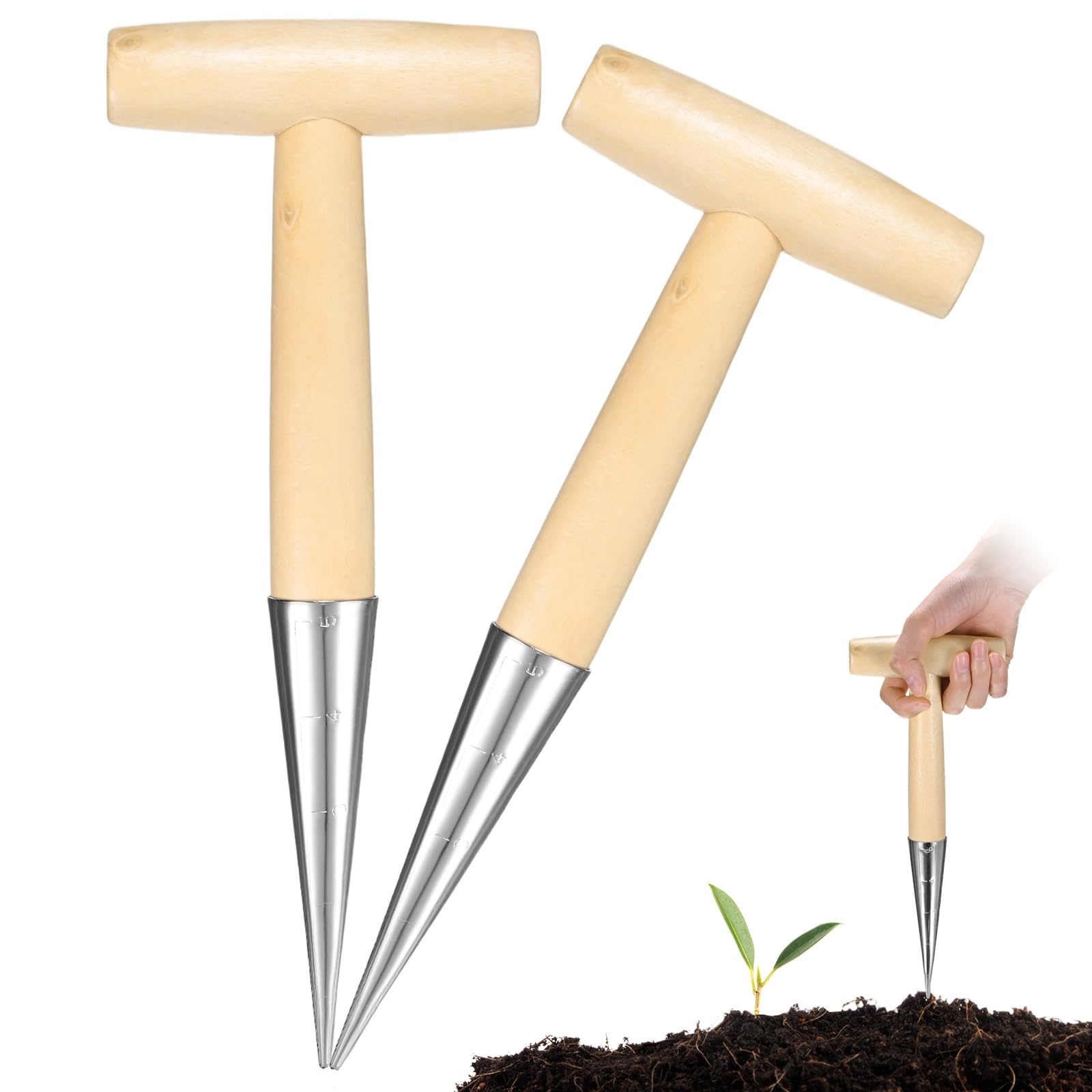 M METERXITY 1-Pack Seed Planter Tool Wood Chrome, Beige, Silver Tip