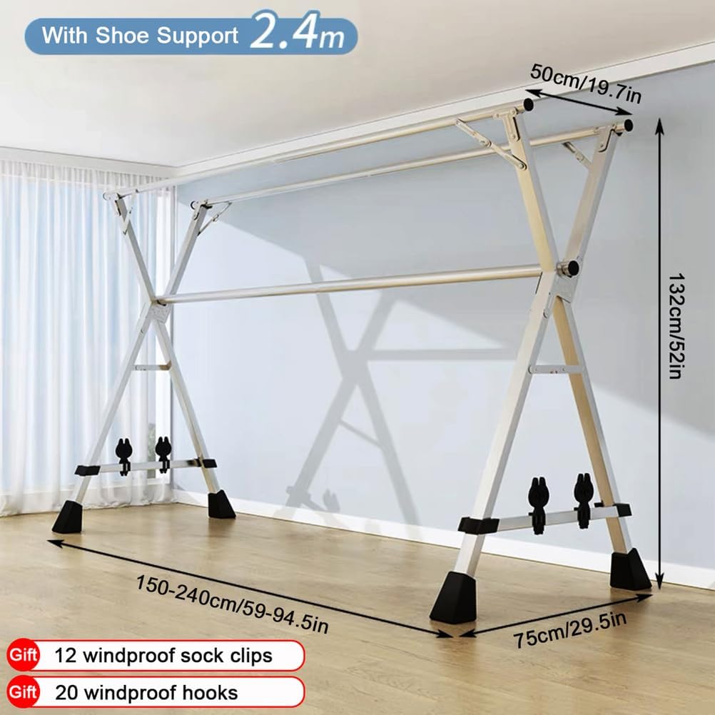 Folding Retractable Drying Rack - X-Shaped 63/79/95" Stainless Steel Laundry Hanger with Shoe Holder, Non-Slip Feet for Indoor/Outdoor Use, 2.4m/7.8ft