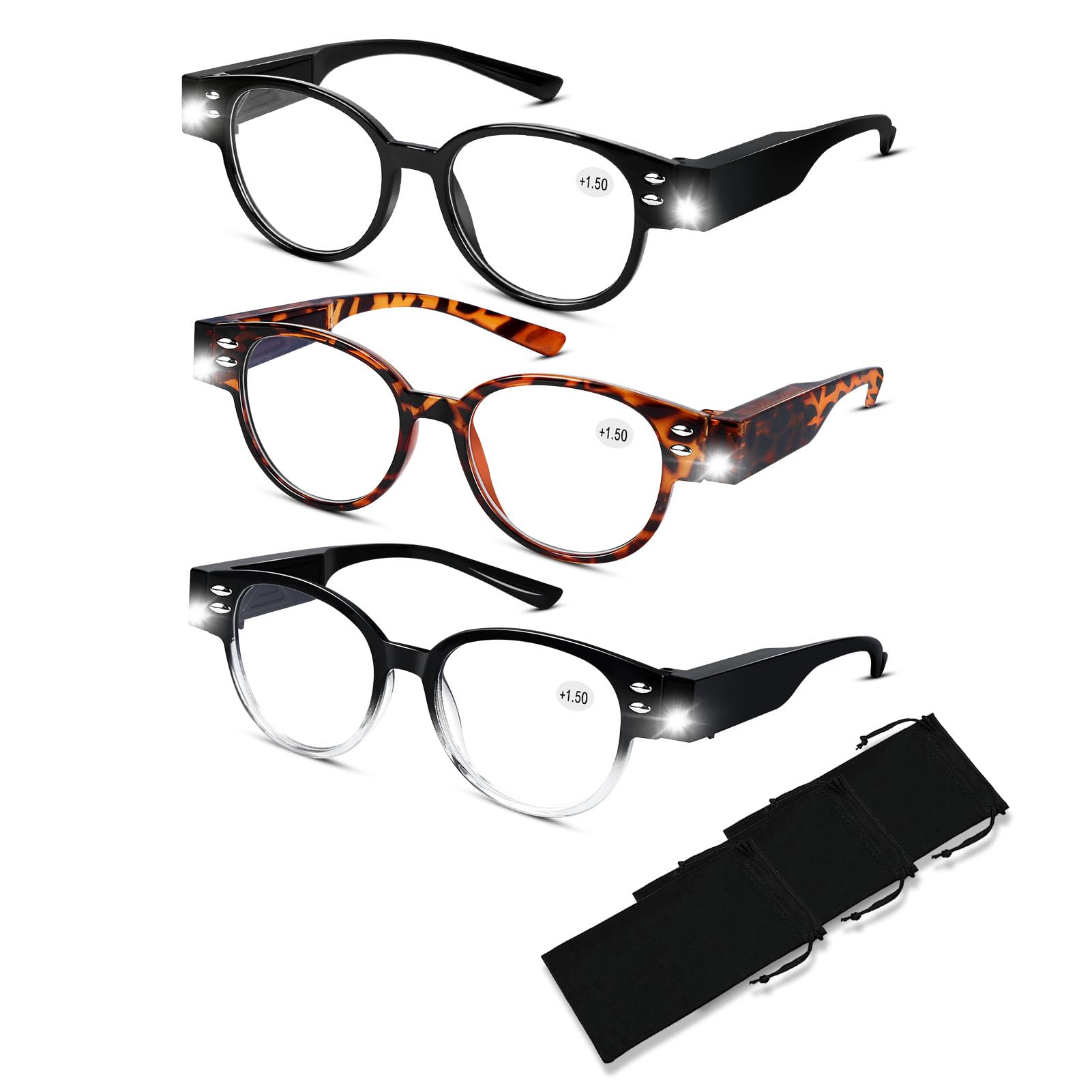 3 Pack Lighted Reading Glasses Bright LED Readers with Lights Reading Glasses with Light and Magnifying Blue Light Blocking Glasses for Men Women Eyeglasses Lighted Magnifier Nighttime Reader+1.5