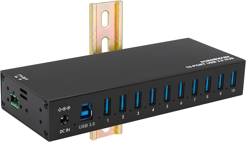 Industrial USB 3.0 Hub 10-Port, Heavy-Duty Metal Mountable USB Hub with Power Adapter, 5Gbps SuperSpeed Powered USB Splitter for PC, Laptop, Mac, POS Systems & Factory Automation