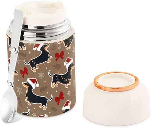 MCHIVER Christmas Dog Lights Dachshund Food Jar with Spoon Stainless Steel Vacuum Insulated Food Container 17 oz Food Flask for Adults