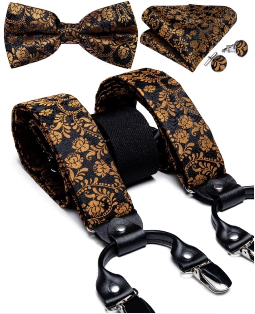 Gold Black Men's Suspenders Set Real Leather 6 Clips Suspenders Braces Wedding Silk Suspenders Bow Tie Set