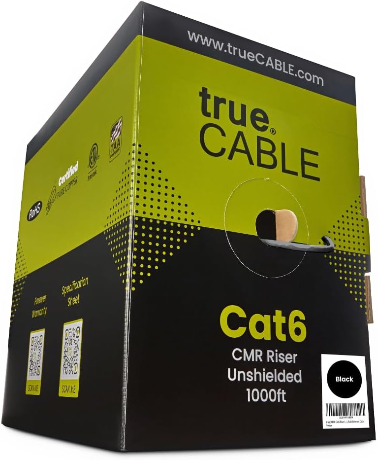 trueCABLE Cat6 Riser (CMR), 1000ft, Black, 23AWG 4 Pair Solid Bare Copper, 550MHz, PoE++ (4PPoE), ETL Listed, Unshielded Twisted Pair (UTP), Bulk Ethernet Cable