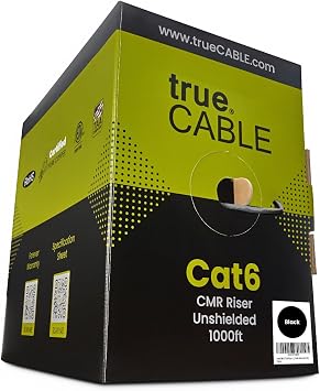 trueCABLE Cat6 Riser CMR, 1000ft, Black, 23AWG 4 Pair Solid Bare Copper, 550MHz, PoE++ 4PPoE, ETL Listed, Unshielded Twisted Pair UTP, Bulk Ethernet Cable