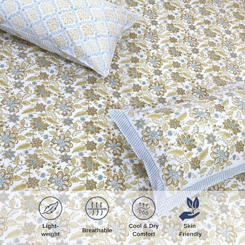 Image of TOAI Hand Block Printed Bedsheet | Bed Spread Flatsheet Bed Sheet | Pure Cotton | King Size 108 inchx108 inch | 300 TC Long Staple Cotton | 2 Reversible Pillow Covers |Autumn Leaves