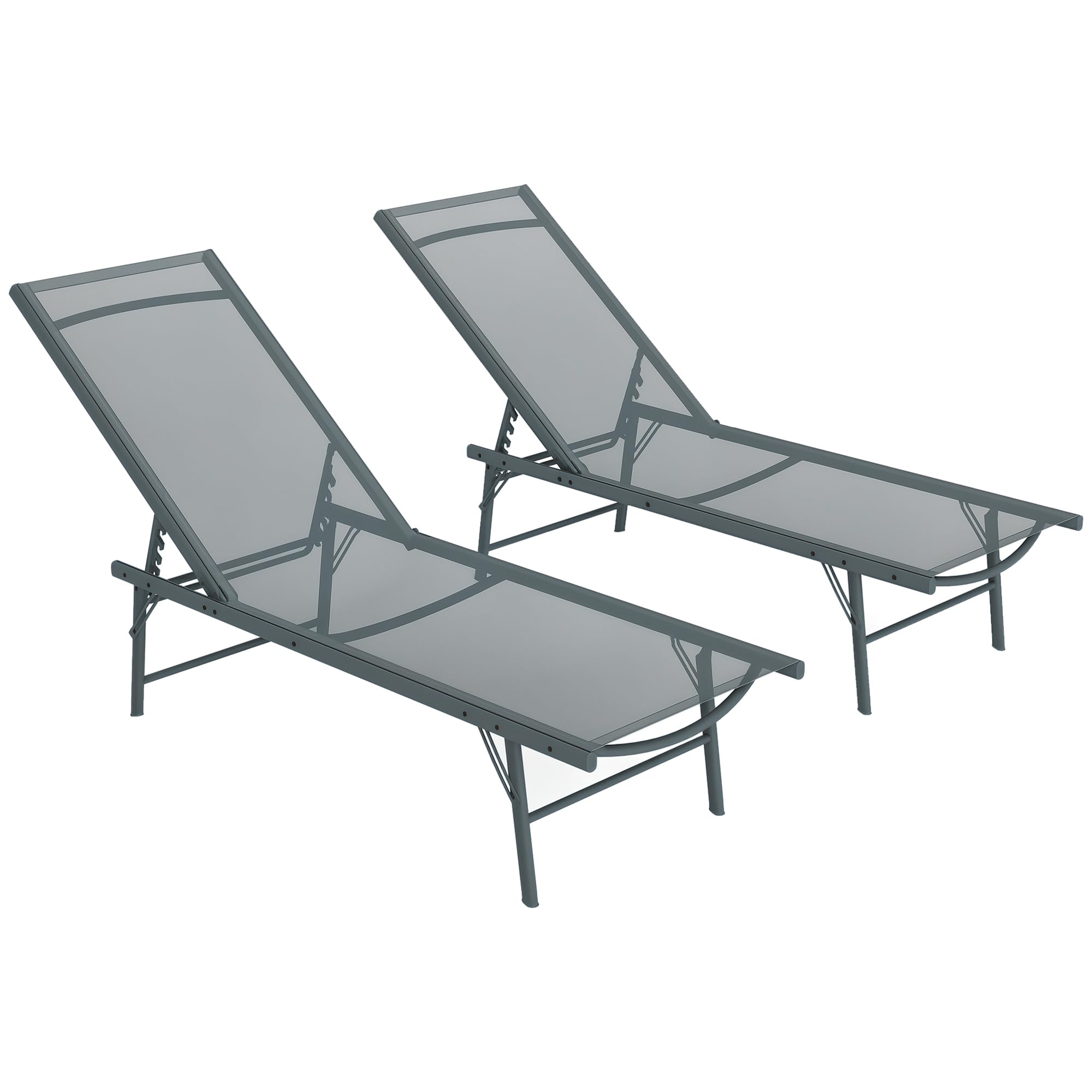 Outsunny Lot de 2 Bain de Soleil Pliants Textilène 90x65x112cm Gris Clair | Chaise Longue avec Appuie-Tête, Transat Jardin Extérieur Inclinable, Plage Camping Piscine Terrasse