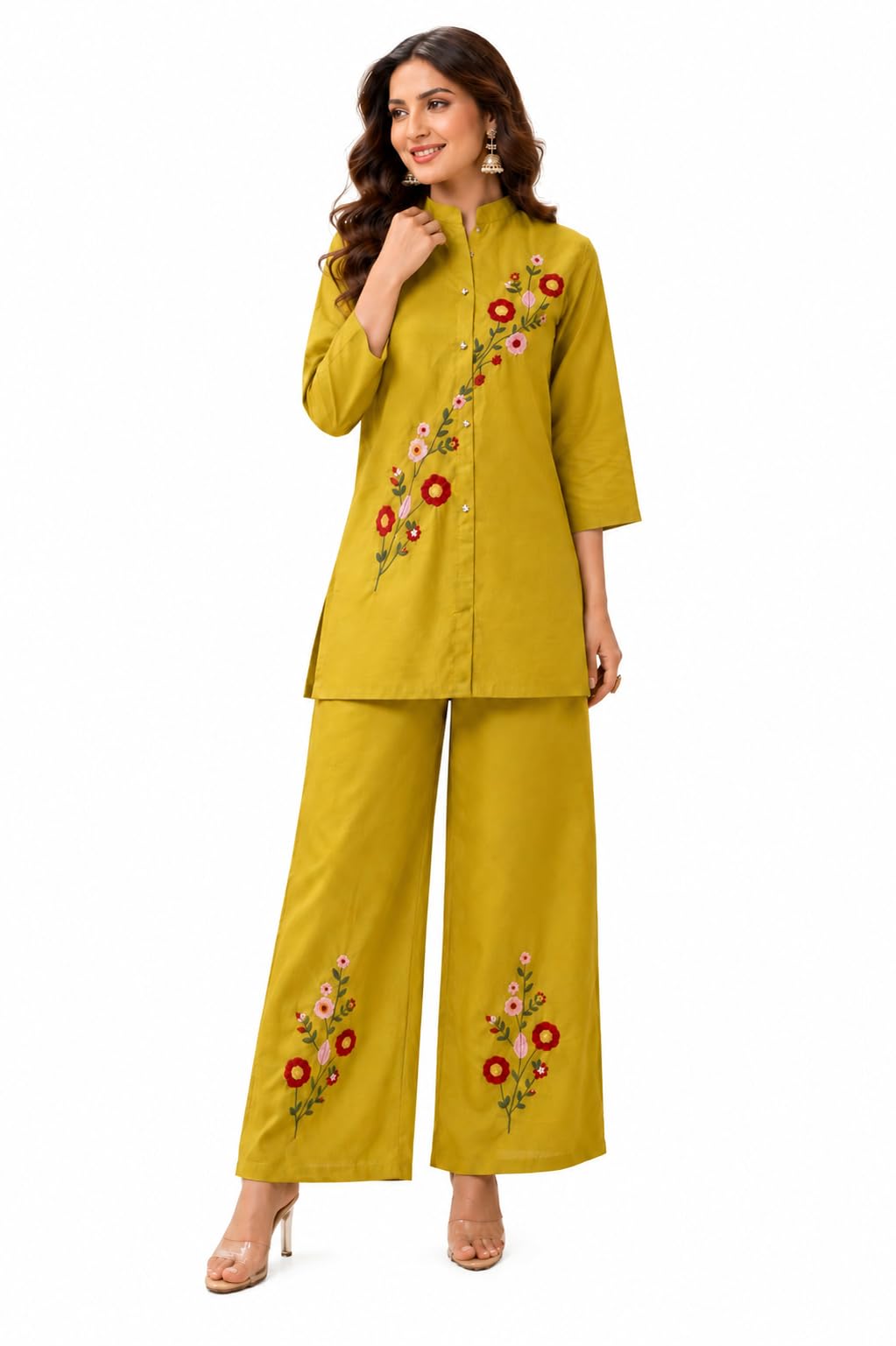 Women's Embroidered Kurta Palazzo Set | Floral Embroidery | Premium Cotton Blend | 3/4 Sleeve | Round Neck | Regular Fit-image-24