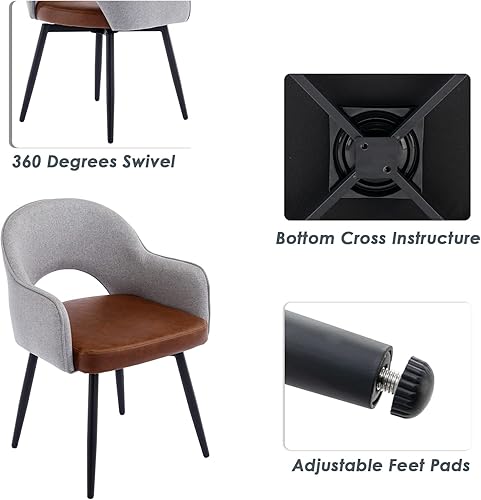 Miniatura 5 de DUOMAY Juego de 2 sillas de comedor giratorias modernas, tapizadas de lino y piel sintética, silla de escritorio de oficina en casa sin ruedas para