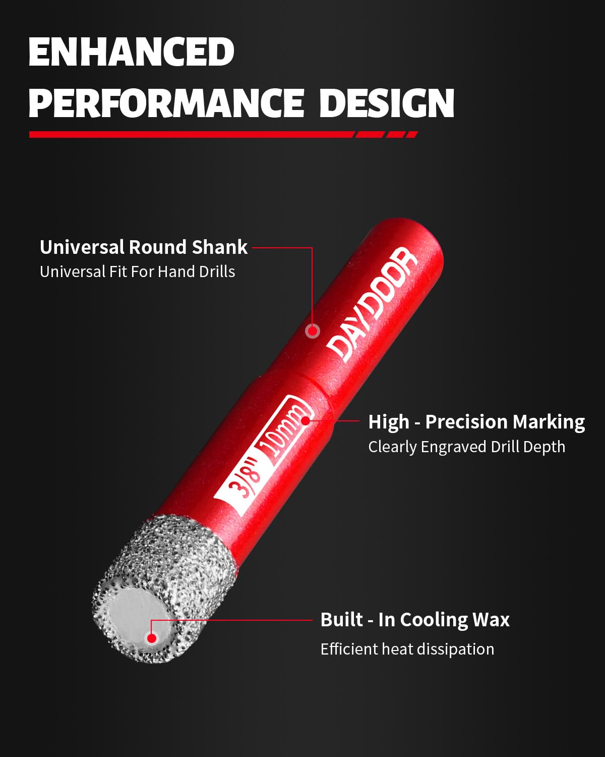 DAYDOOR Dry Diamond Drill Bits Set,10-Piece Tile Drill Bits Set for Porcelain Ceramic Granite Marble Stone Glass,1/4" 5/16" 3/8" 1/2" Ceramic Drill Bit,Masonry Bit, Built-in Cooling Wax, Round Shank