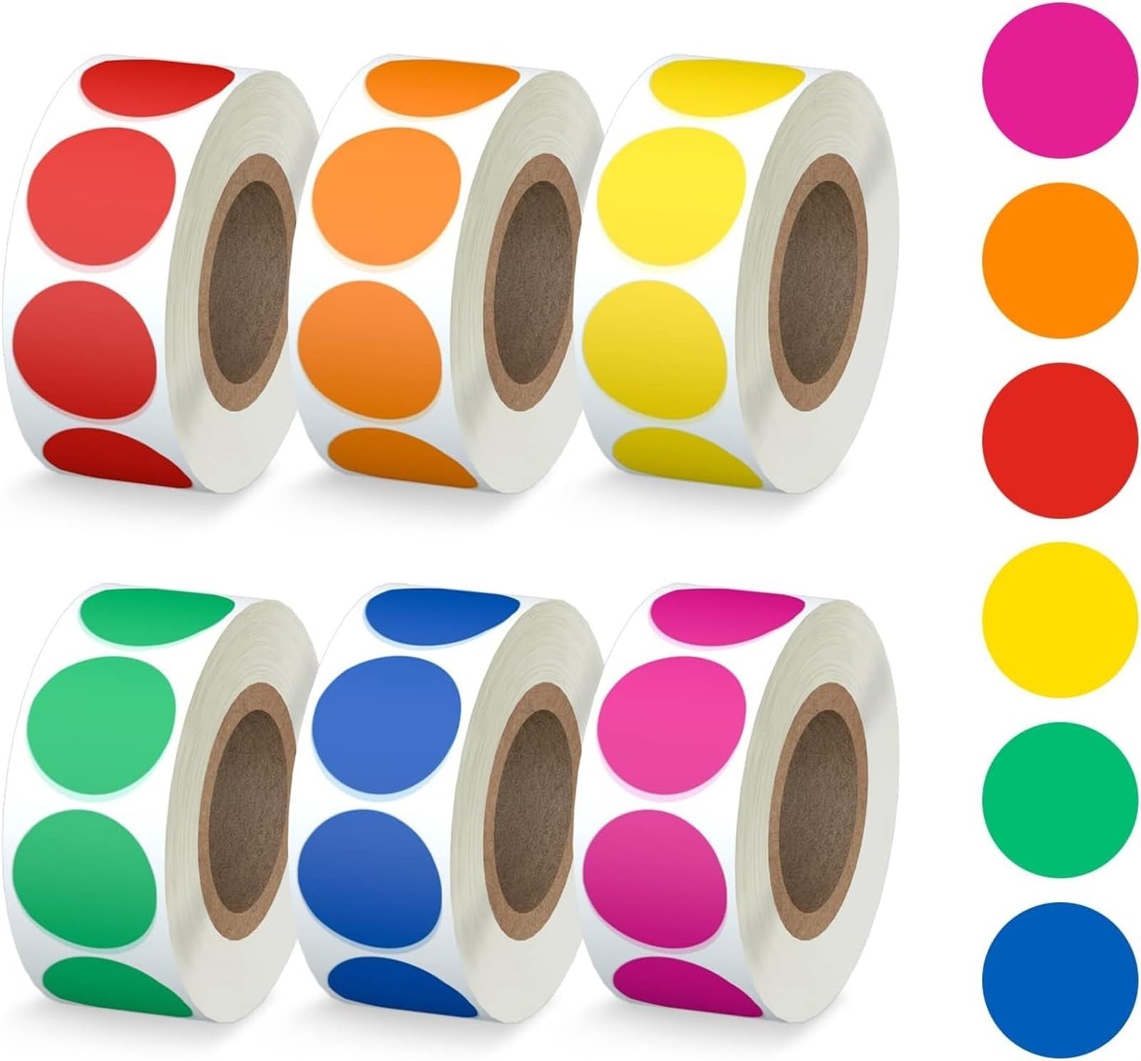 THE WHITE SHOP 6pcs Round 3/4" Colored Dot Stickers Circle Color Coding Labels, 6 Color Style Colorful Coding Label Sticker for Office, Student Classroom(6 Rolls, 3/4 Inches)