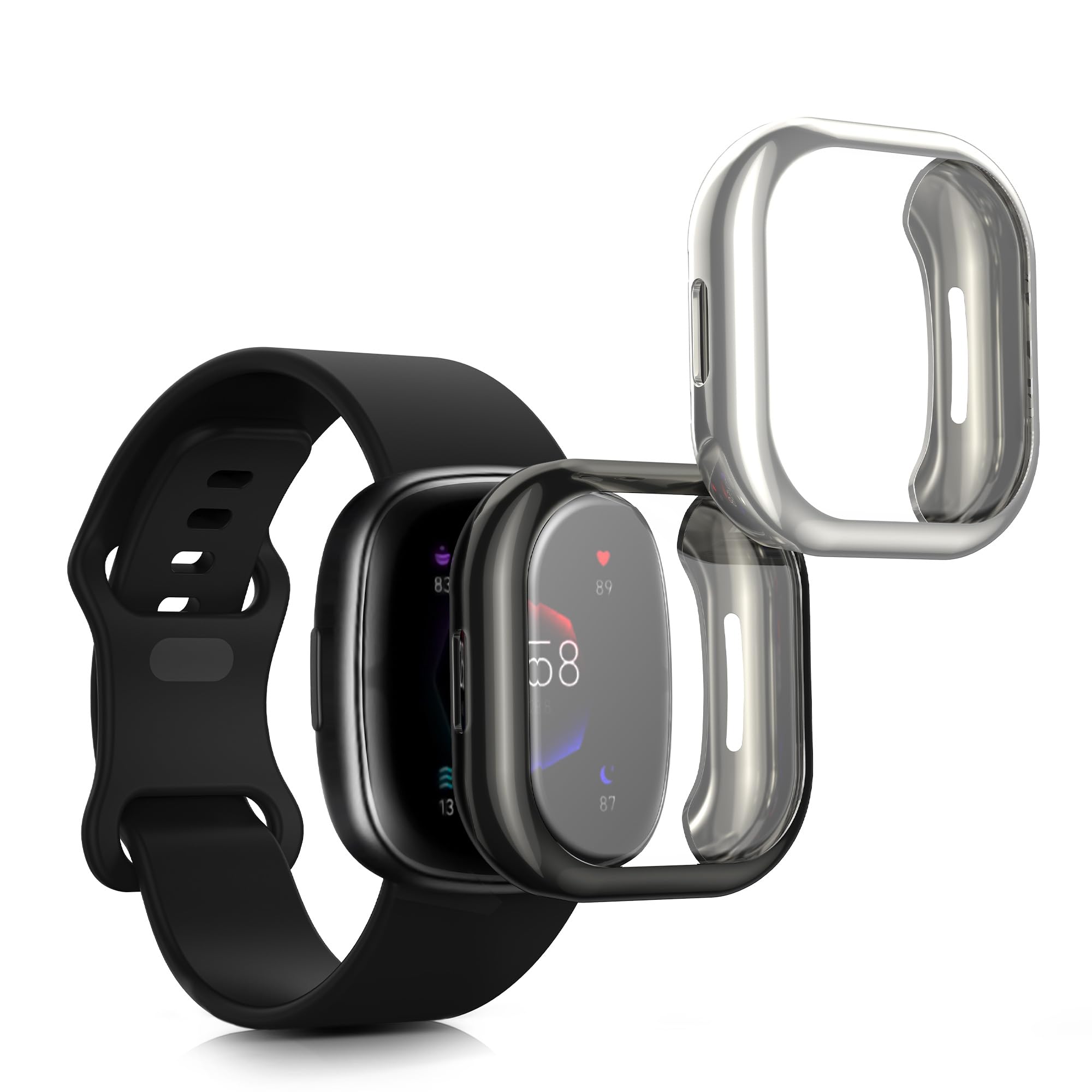 kwmobile Set 2x Custodia Smartwatch Compatibile con Fitbit Versa 2 Cover - Case Silicone Protezione Orologio Fitness nero/trasparente