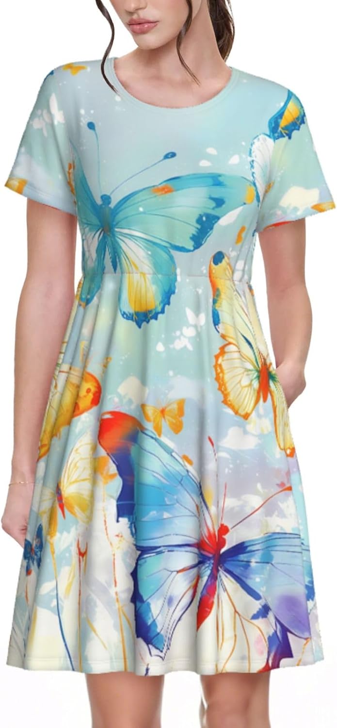 Women's Summer Dress Casual Short Sleeve Dress High Waist Knee Length Dress