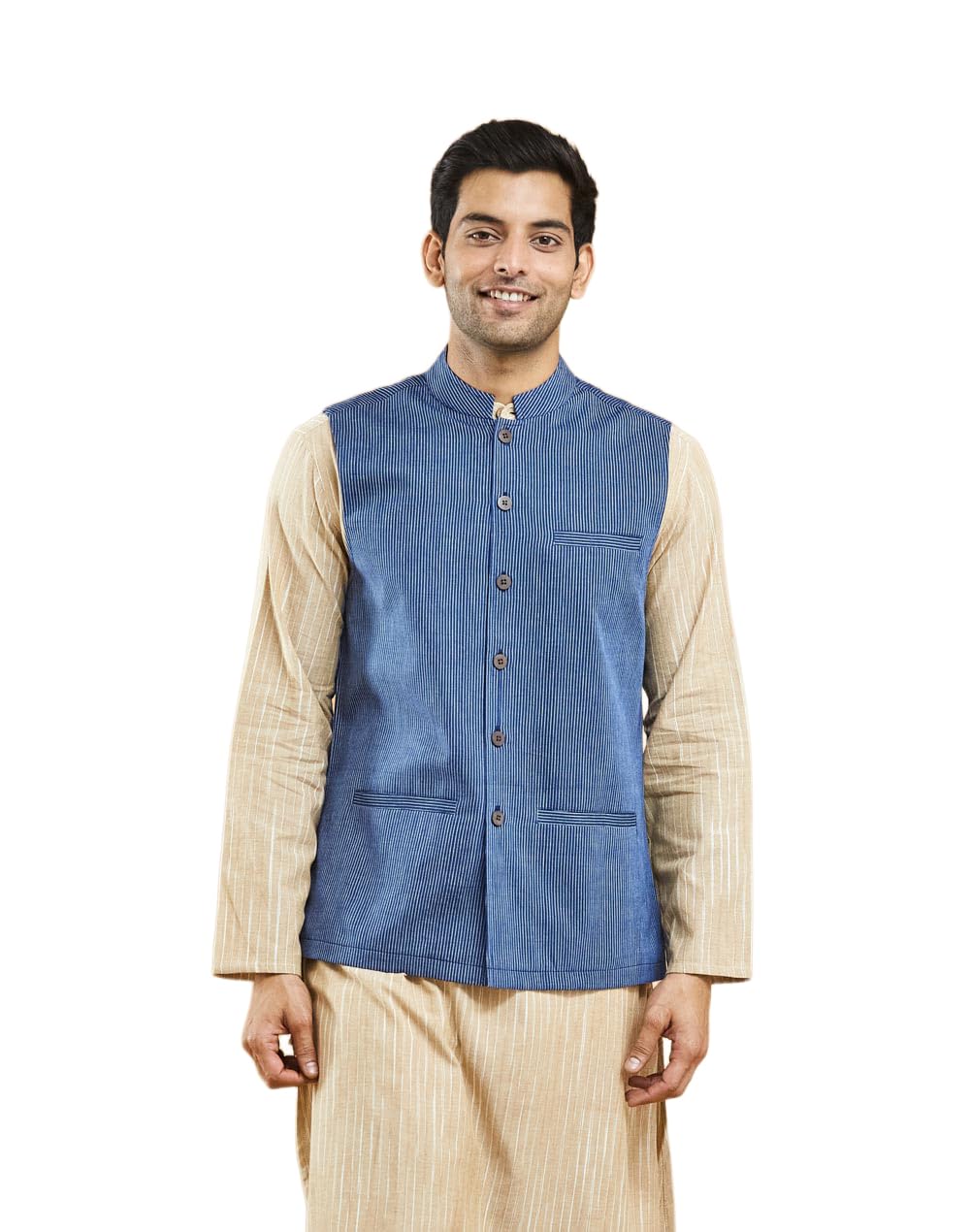 fabindia Navy Cotton Hand Woven Nehru Jacket-picture-35