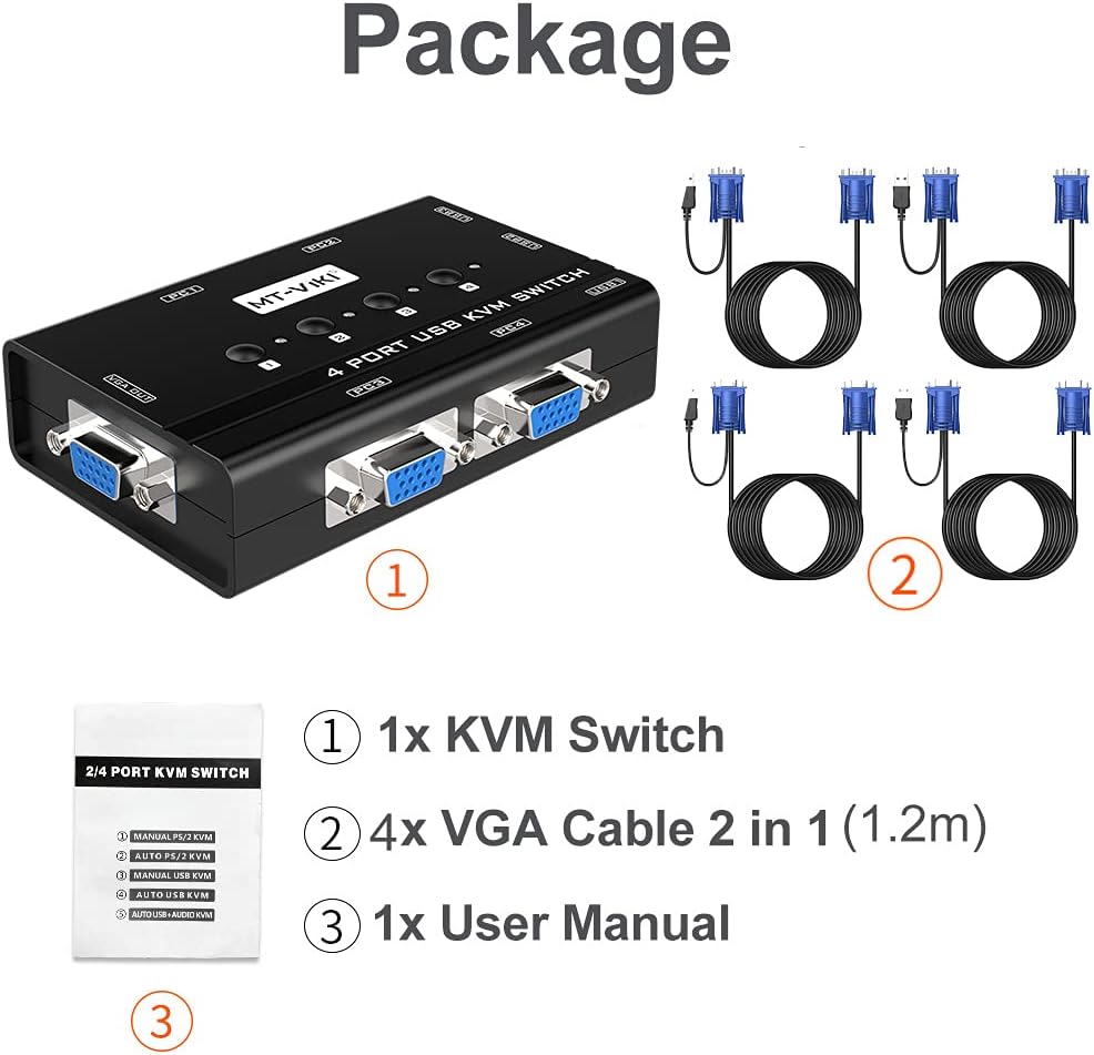 MT-VIKI KVM Switch VGA, 4 Port KVM Switch for 4 Computers Share One Monitor Keyboard Mouse Printer, 3 USB 2.0 Hub, Included 4 VGA KVM Cables