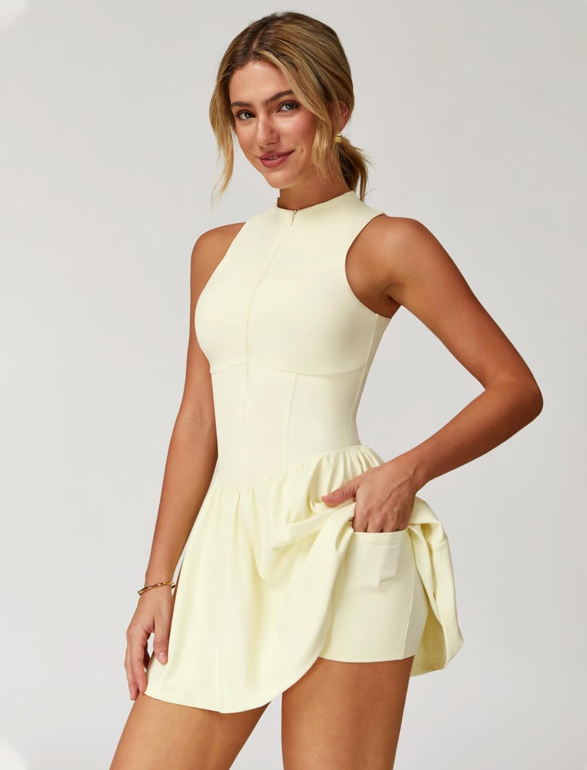 Womens Tennis Golf Dress with Built-in Bra Shorts Zipper Slim Fit A-line Hem Skirt Athletic Dresses with Pockets - Image 2