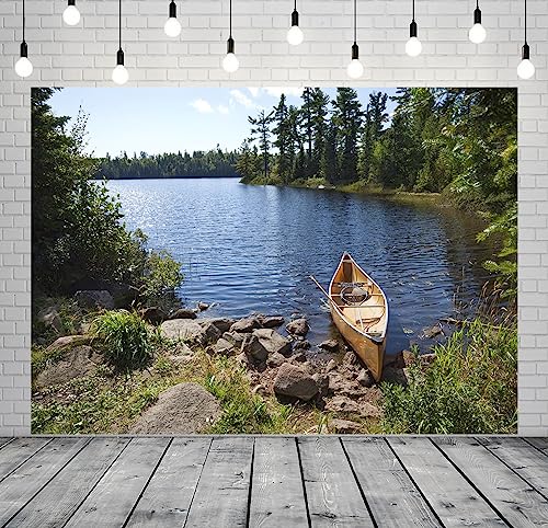 BELECO 10x8ft Fabric Forest Lake Fisherman's Canoe Backdrop for Photography Summer Green Trees River Fishing Background Fishing Theme Party Decorations Studio Booth Photo Props by BELECO - Used condition - Image 2
