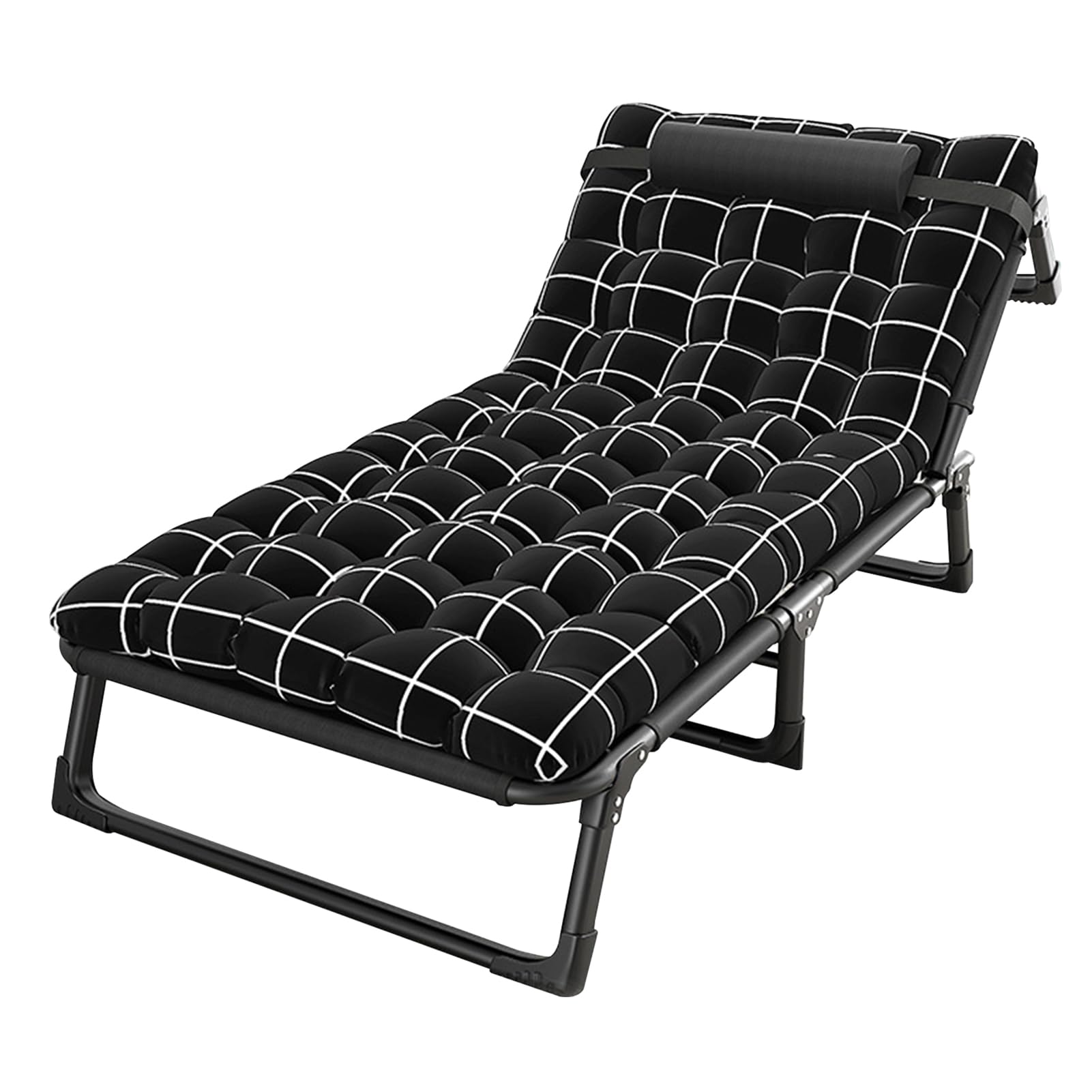 Lit de Camp Pliable 1 Personne, Lit Pliant en Acier pour Adultes, Lit de Camping à 4 Positions avec Matelas et Oreiller, Charge Jusqu'à 200 kg, pour Bureau Jardin Voyage Intérieur Extérieur