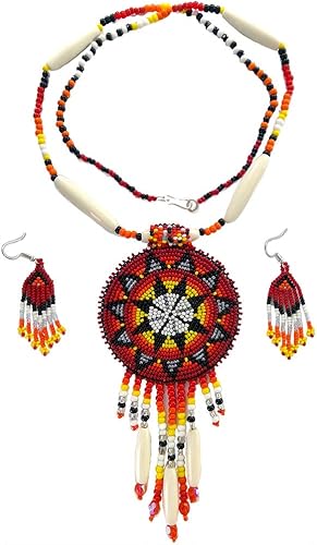 Miniatura 2 de Juego de collar y pendientes de cuentas estilo nativo con colgante de roseta grande