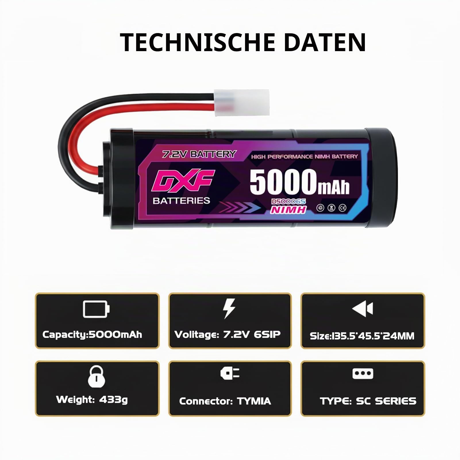 DXF 7.2V NiMH Akku 5000mAh 2 Pack mit Tamiya Stecker RC Batterie für 1:10 RC Auto Truck Boot Rennwagen Geländewagen Flugzeug Hubschrauber Modellbau Hobby Fernbedienung Kein Memory-Effekt