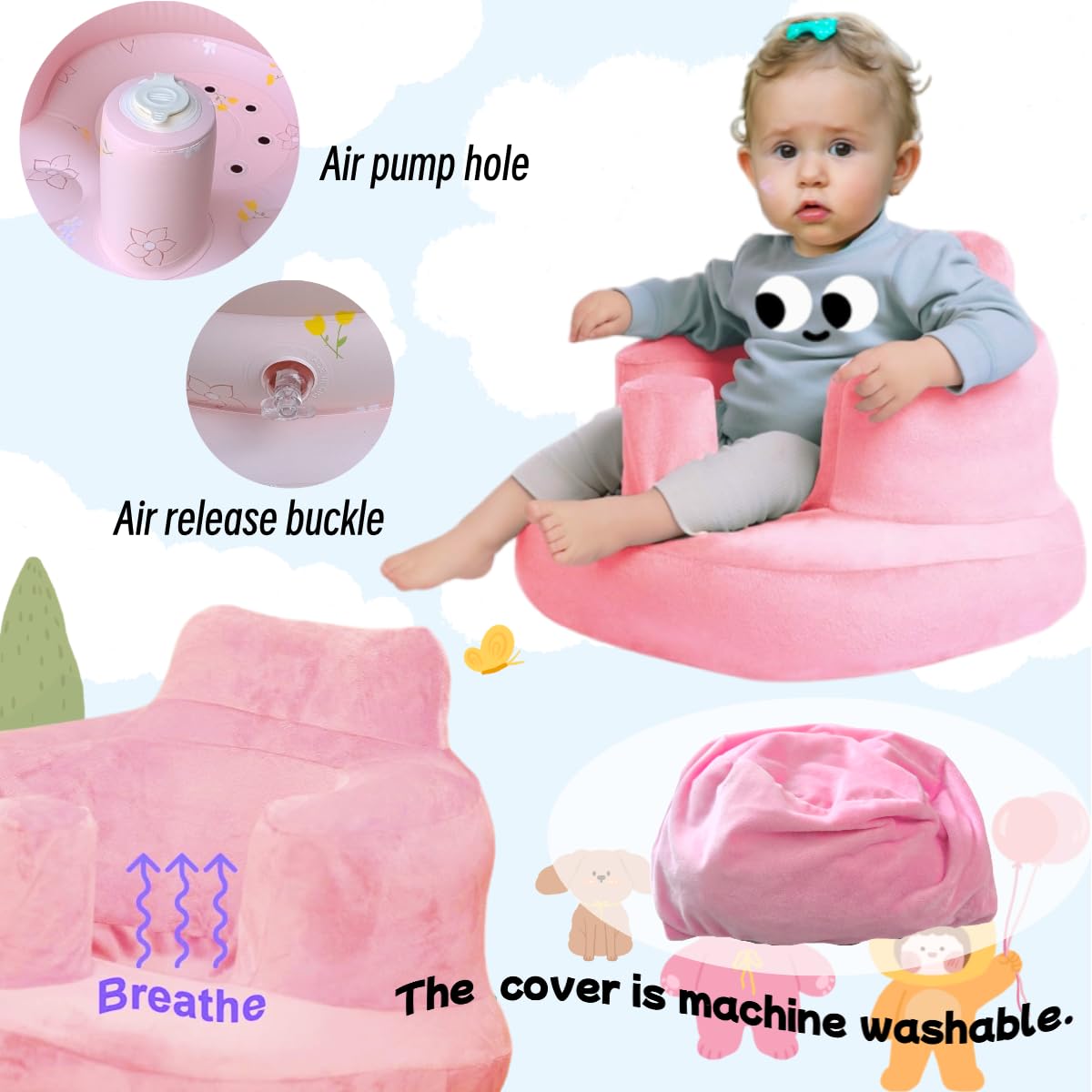 Baby Inflatable Seat for Babies 4-24 Months Built in Air Pump Infant Back Support Sofa Toddler Chair for Sitting Up Baby Shower Chair Outdoor Seat Floor Seater Gifts (Pink Flower + Cover) - Image 4