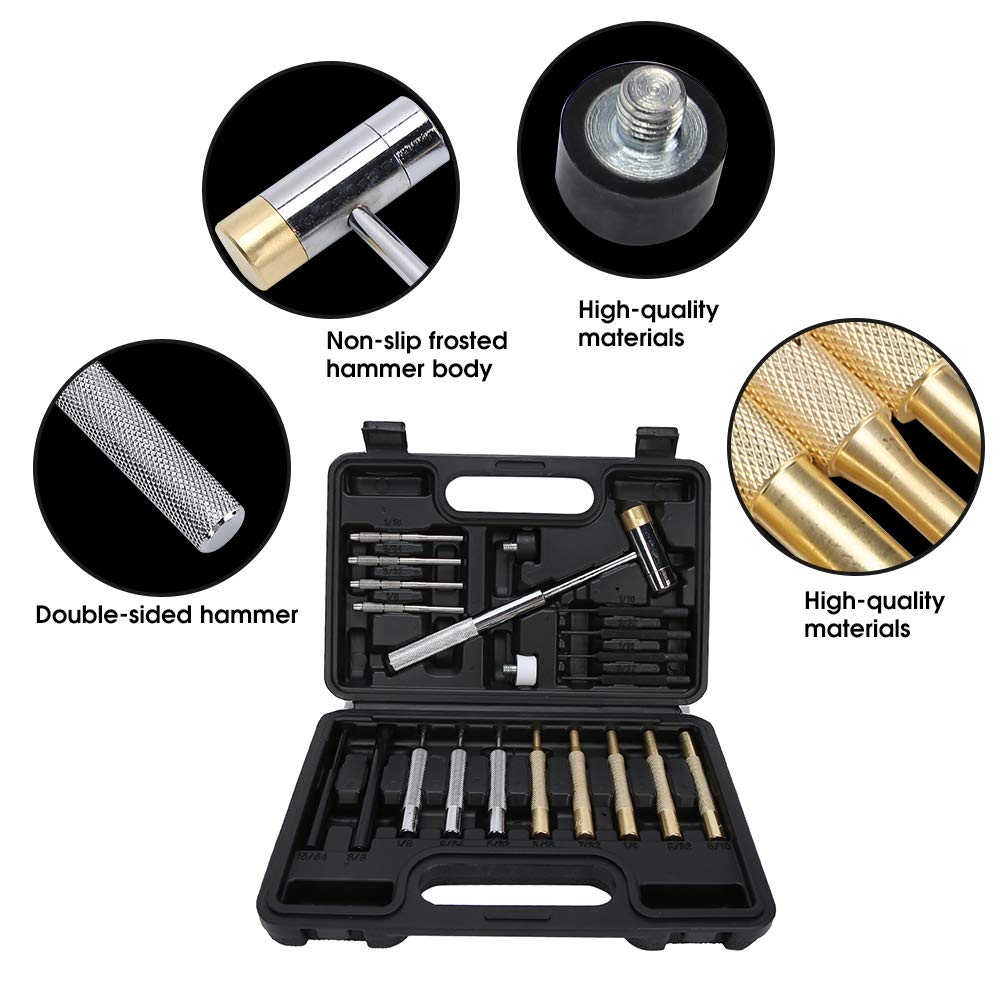 21Pcs Punch Set Mechanical Installation Round Punches Maintenance Tool Kit with Box Professional Grade Carbon Steel Brass Nonslip Hammer Head for Metalworking Woodworking DIY