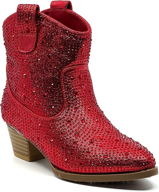 Forever Girls Rhinestone Cowboy Boots Kids Low Heel Dress Booties River-01K Red 4