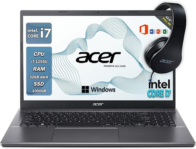 acer notebook i7, Pc portatile intel core 1255U, 32gb ram, SSD 1 TB, Display 15.6", FHD, BT, WiFi, Windows 11 Pro, Laptop i7 pronto all'utilizzo, Cuffie omaggio