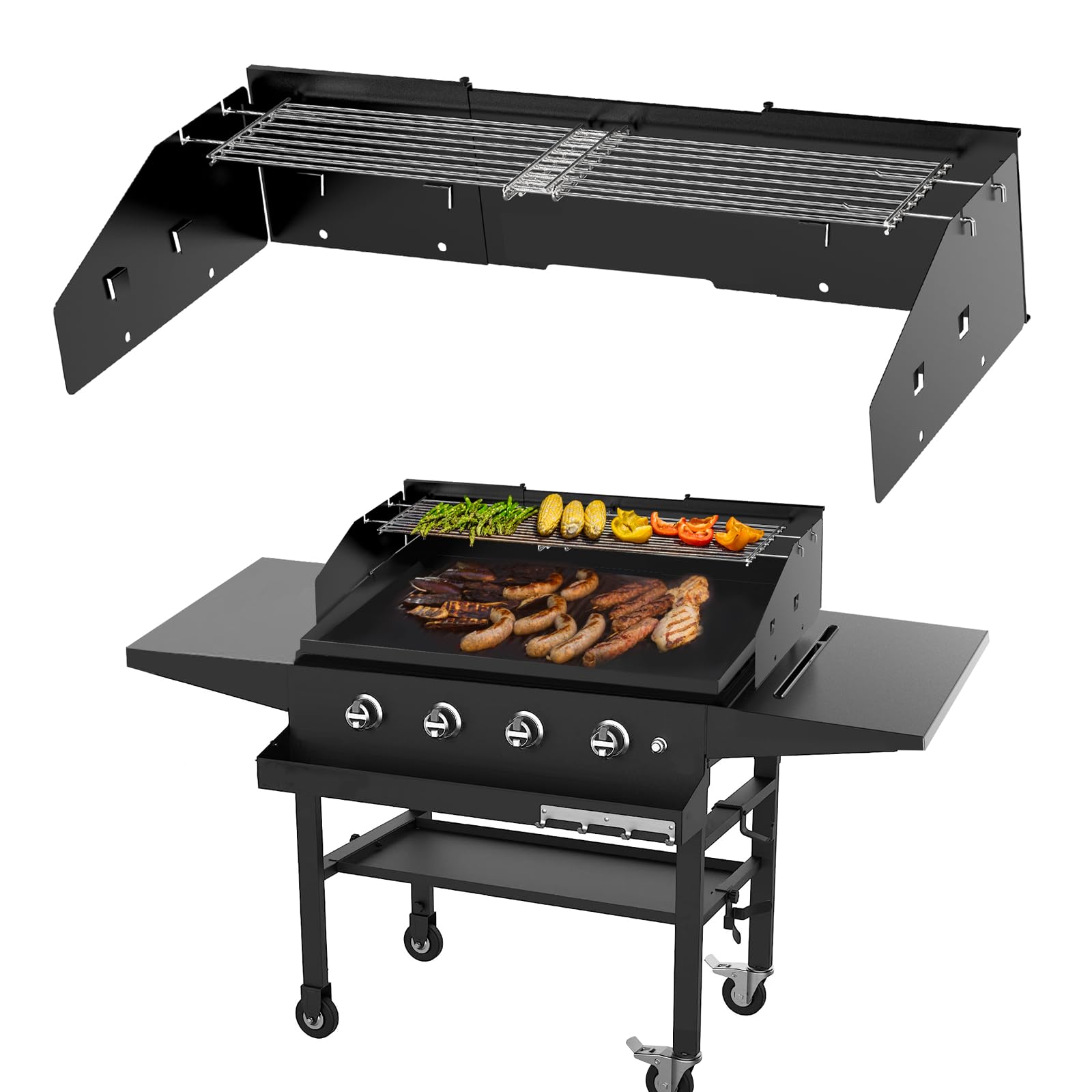 Photo 1 of Universal Wind Guard and Warming Rack Set for Griddle From 28" to 36" with Front Grease, Wind Screen and Cooking Grid for Griddle without a Hood, Griddle Parts for Blackstone and Other Griddles