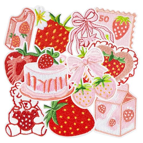 Boho Girly Strawberry Iron on Patches, 12Pcs Cute Pink...