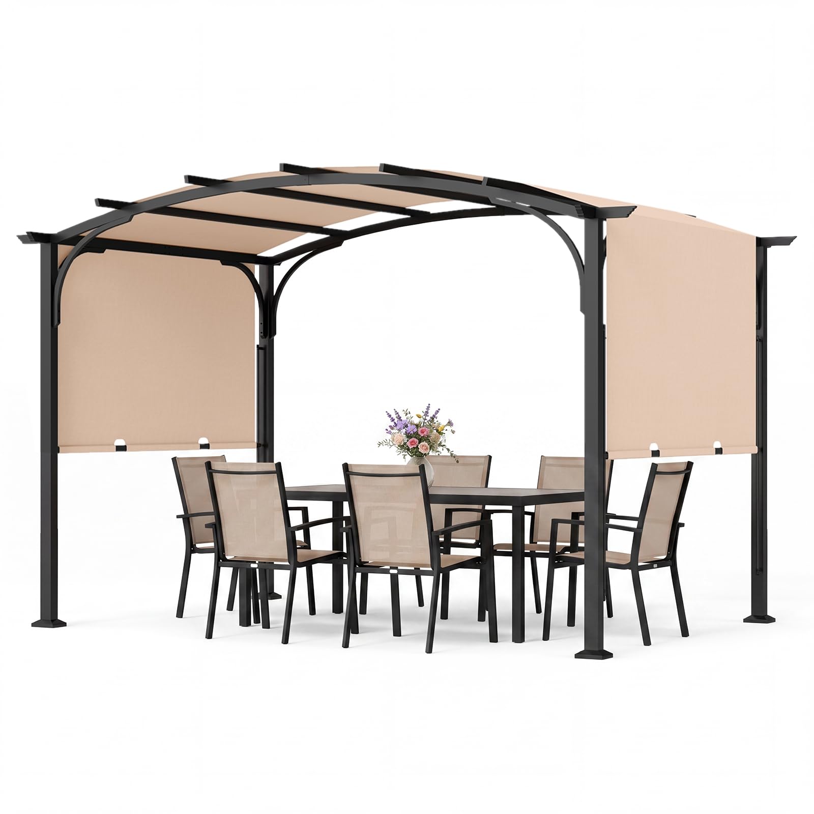 COSTWAY 305 x 242 CM Pergola Rétractable, Pergola de Jardin Extérieur avec Toit Courbé, Cadre Métal, 8 Piquets, Toile Polyester Anti-Soleil, Abri pour Terrasse, Patio, Piscine, Design Moderne (Beige)