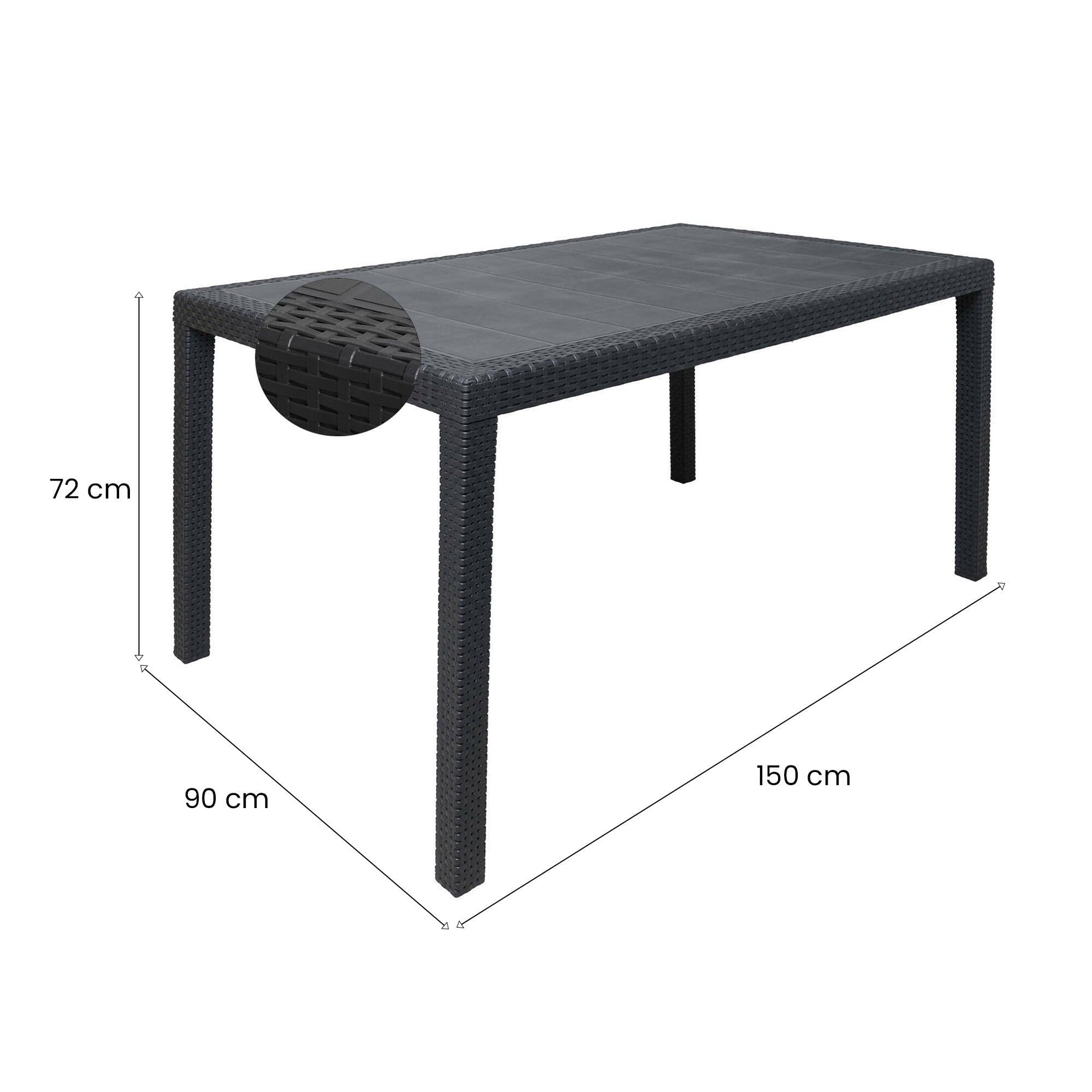 Dmora - Tavolo da esterno Portici, Ripiano rettangolare da pranzo, Tavolo da giardino multiuso effetto rattan, 100% Made in Italy, 150x90h72 cm, Antracite