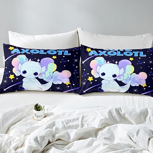 Miniatura 5 de Juego de sábanas de ajolote de galaxia tamaño King, lindas sábanas de ajolote con sábana bajera de bolsillo profundo para niños, juego de sábanas de
