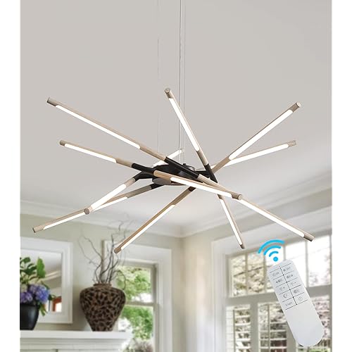 Q&S Modern LED Chandeliers for Dining Room,Black and Oak White Farmhouse Sputnik Dimmable Chandelier with Remote for Living Room Kitchen Office Hotel Restaurant Lobby