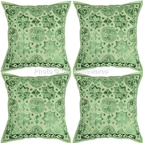 Boho Decorative Couch Throw Pillow Covers 16 Inch Cotton Mirrored Embroidered Ethnic Square Toss Cushion Covers (Size - 40x40 cm ; Color: Light Green) - Set of 4 Pcs (Cover Only)