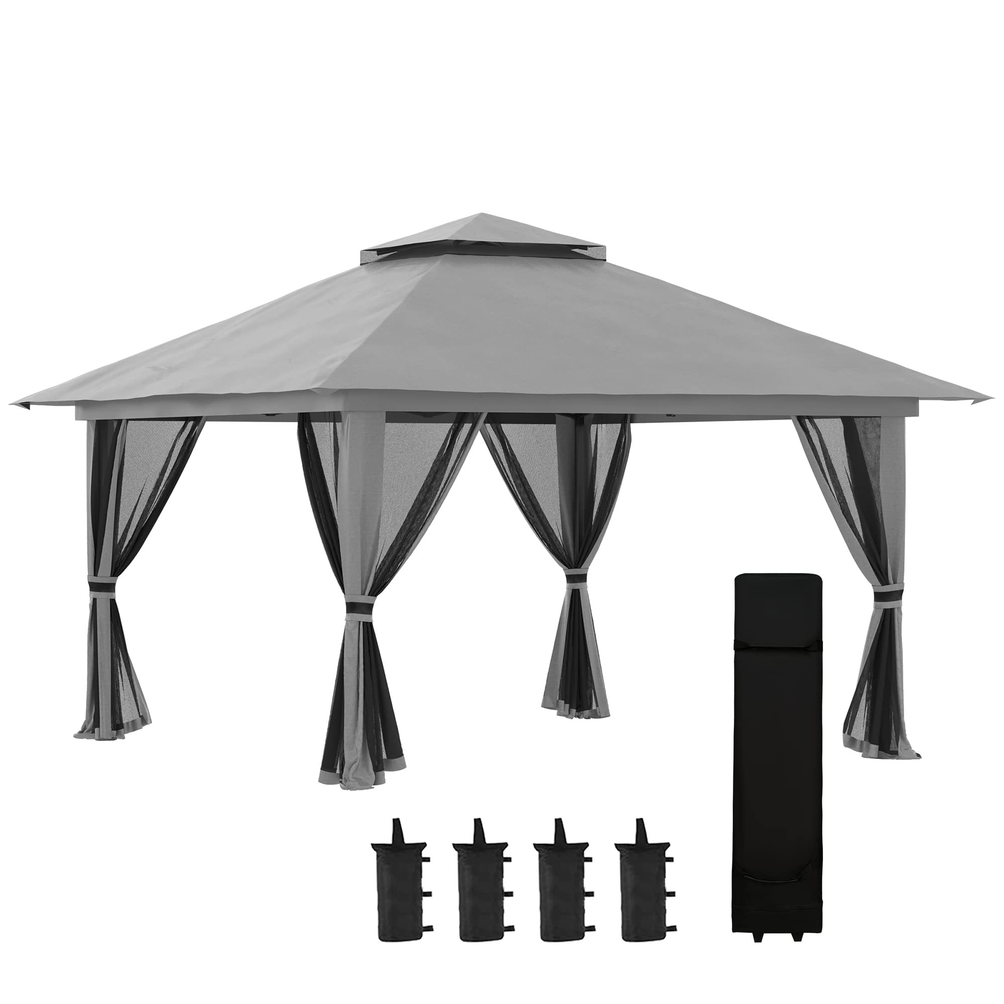 Outsunny Pavillon 4x4m Stabil Winterfest Pop-up Gartenpavillon mit Doppeldach, UV Schutz 50+ Partyzelt Gartenzelt mit 4 Seitenteilen Tasche Sandsäcke für Camping Garten Festival, Dunkelgrau