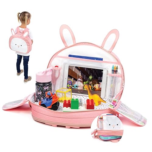 Lulyboo Bandeja y mochila para actividades de viaje para automóvil o avión para niños pequeños con superficie de escritura firme portavasos